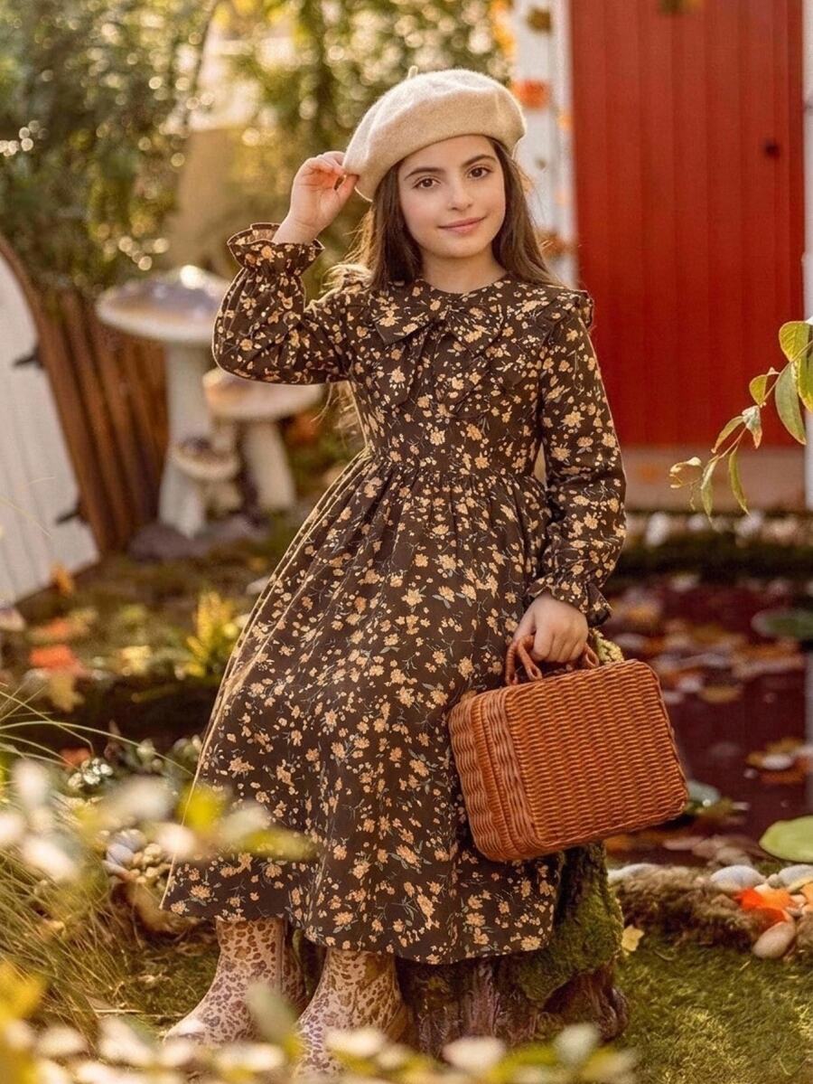 SHEIN فستان بناتي للفتيات المراهقات خريف/شتاء من الكوردروي بنقشة زهور مع كشكشة وخصر مطاطي بتصميم A-Line للأطفال - بني - مشاهدة 1