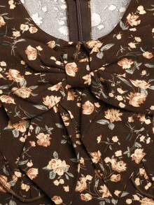 SHEIN فستان بناتي للفتيات المراهقات خريف/شتاء من الكوردروي بنقشة زهور مع كشكشة وخصر مطاطي بتصميم A-Line للأطفال - بني - مشاهدة 3