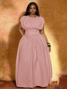 Veslaya Plus Size Women's Dusty Pink,Summer,Elegant,Vacation,Holiday Textured V-Neck Ruched Peplum Dress For Wedding Guest,Party,Commute,Cruise & Beach Wear - Pink - View 2