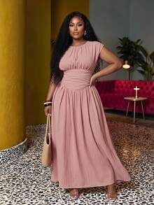 Veslaya Plus Size Women's Dusty Pink,Summer,Elegant,Vacation,Holiday Textured V-Neck Ruched Peplum Dress For Wedding Guest,Party,Commute,Cruise & Beach Wear - Pink - View 1