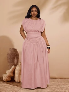 Veslaya Plus Size Women's Dusty Pink,Summer,Elegant,Vacation,Holiday Textured V-Neck Ruched Peplum Dress For Wedding Guest,Party,Commute,Cruise & Beach Wear - Pink - View 8