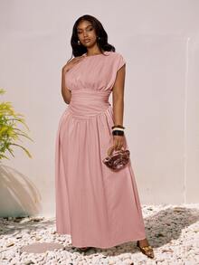 Veslaya Plus Size Women's Dusty Pink,Summer,Elegant,Vacation,Holiday Textured V-Neck Ruched Peplum Dress For Wedding Guest,Party,Commute,Cruise & Beach Wear - Pink - View 10