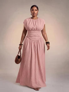 Veslaya Plus Size Women's Dusty Pink,Summer,Elegant,Vacation,Holiday Textured V-Neck Ruched Peplum Dress For Wedding Guest,Party,Commute,Cruise & Beach Wear - Pink - View 3