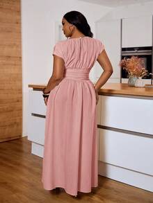 Veslaya Plus Size Women's Dusty Pink,Summer,Elegant,Vacation,Holiday Textured V-Neck Ruched Peplum Dress For Wedding Guest,Party,Commute,Cruise & Beach Wear - Pink - View 4