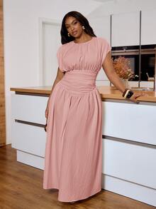 Veslaya Plus Size Women's Dusty Pink,Summer,Elegant,Vacation,Holiday Textured V-Neck Ruched Peplum Dress For Wedding Guest,Party,Commute,Cruise & Beach Wear - Pink - View 7