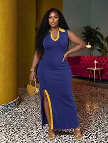 Veslaya Spring/Summer Women's Plus Size New Bold, Classy Feminine Style Tummy Control Fit Breathable Elegant Romantic Classic Deep Blue & Orange Contrast Deep V Polo Neck High Slit Knit Dress - Multicolor - View 2