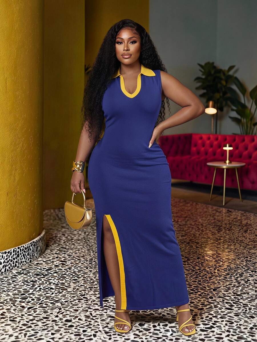 Veslaya Spring/Summer Women's Plus Size New Bold, Classy Feminine Style Tummy Control Fit Breathable Elegant Romantic Classic Deep Blue & Orange Contrast Deep V Polo Neck High Slit Knit Dress