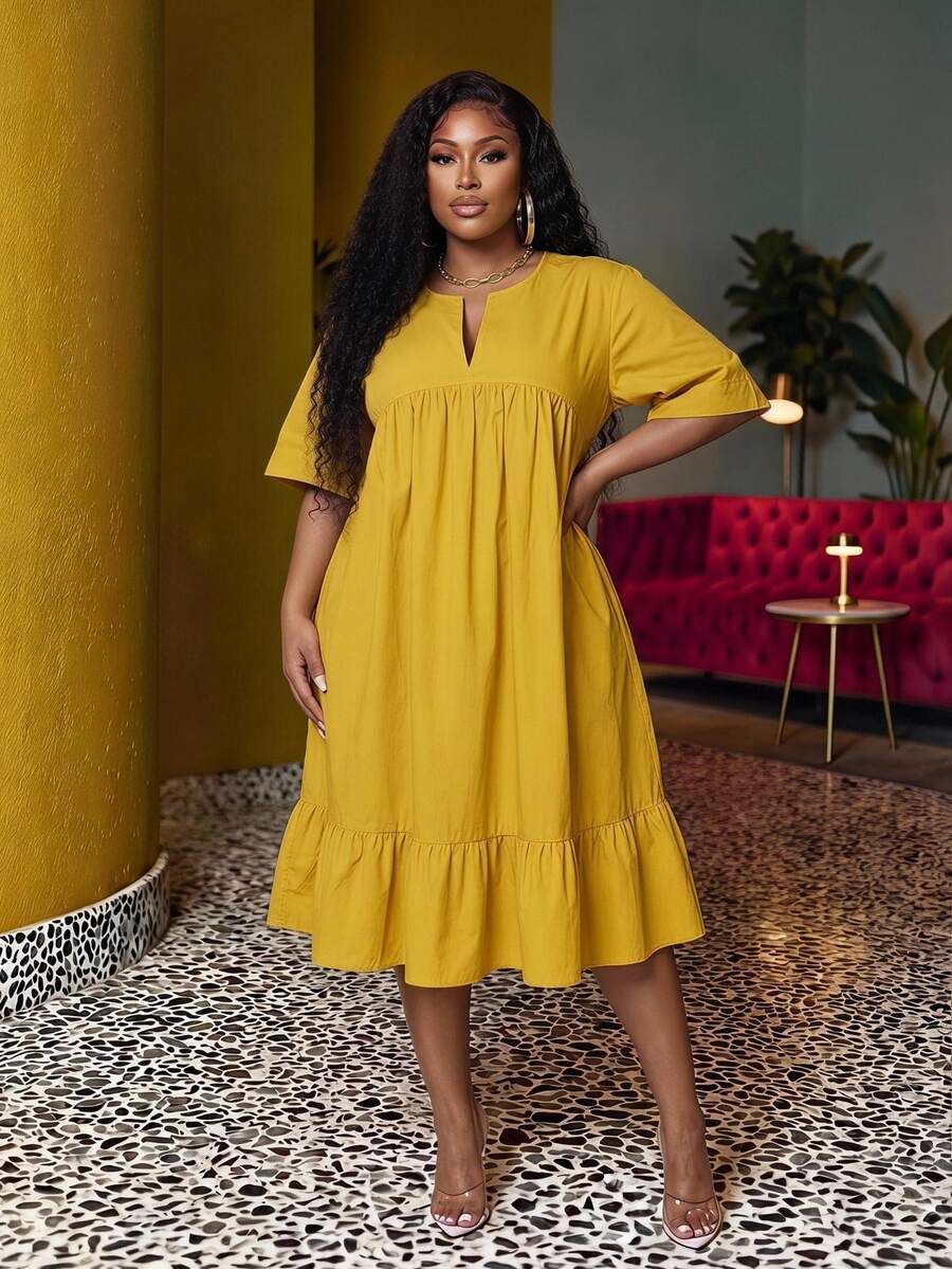 Veslaya Plus Size Elegant & Commuter & Vacation & Casual Loose Solid White Short Sleeve Notched Neck A-Line Knee-Length Dress For Women, Spring/Summer - Yellow - View 1