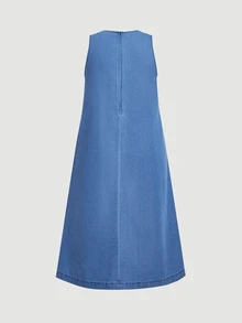 LUMIGAL Plus Size Women's Frog Button Design Pocket Casual Sleeveless Denim Dress - Blue - View 5