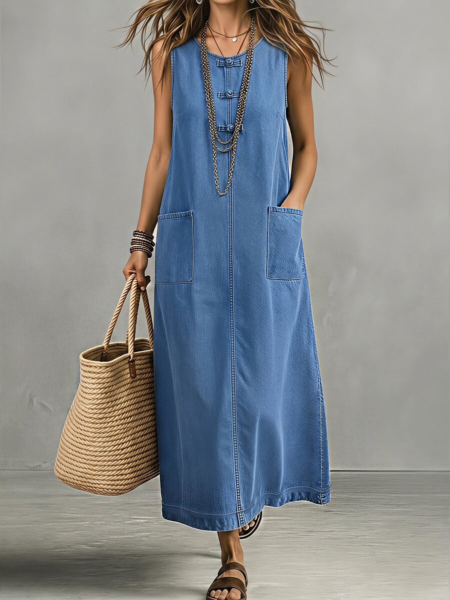 LUMIGAL Plus Size Women's Frog Button Design Pocket Casual Sleeveless Denim Dress - Blue - View 1