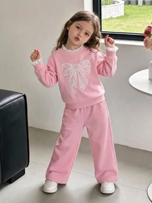 Genkimix Kids 女童蝴蝶結刺繡 2 件套海軍藍假分層條紋領長袖衛衣寬腿褲套裝 返校季嬰幼兒秋季穿搭 - 粉色 - 查看 1