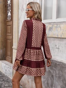 Brillora Women's Casual Vacation Frill Trim Patchwork Printed Short Dress - Burgundy - View 2