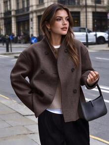 Easura European And American Autumn/Winter New Solid Color Retro Double-Breasted Overcoat Women V-Neck Commuter Overcoat - Chocolate Brown - View 1