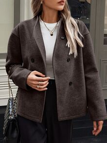 Easura European And American Autumn/Winter New Solid Color Retro Double-Breasted Overcoat Women V-Neck Commuter Overcoat - Chocolate Brown - View 6