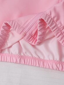 SHEIN 2件組女孩甜酷街頭風戶外旅行秋季棕色印花連帽拉鍊外套蝴蝶結裝飾側邊織帶寬腿褲套裝 - 彩色 - 查看 6