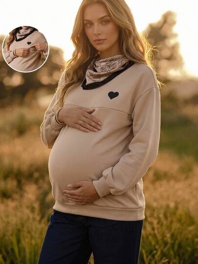 Boho Mama Sudadera de lactancia casual de manga larga con estampado de corazón para mujer, conjunto de invierno para salir