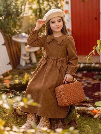 SHEIN Tween Girl Brown Corduroy Ruffle Smocked Waist A-Line Dress Autumn Kids