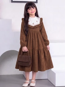 SHEIN 青少年女孩寬鬆休閒簡約舒適拼接配色洋裝童裝 - 棕色 - 查看 6