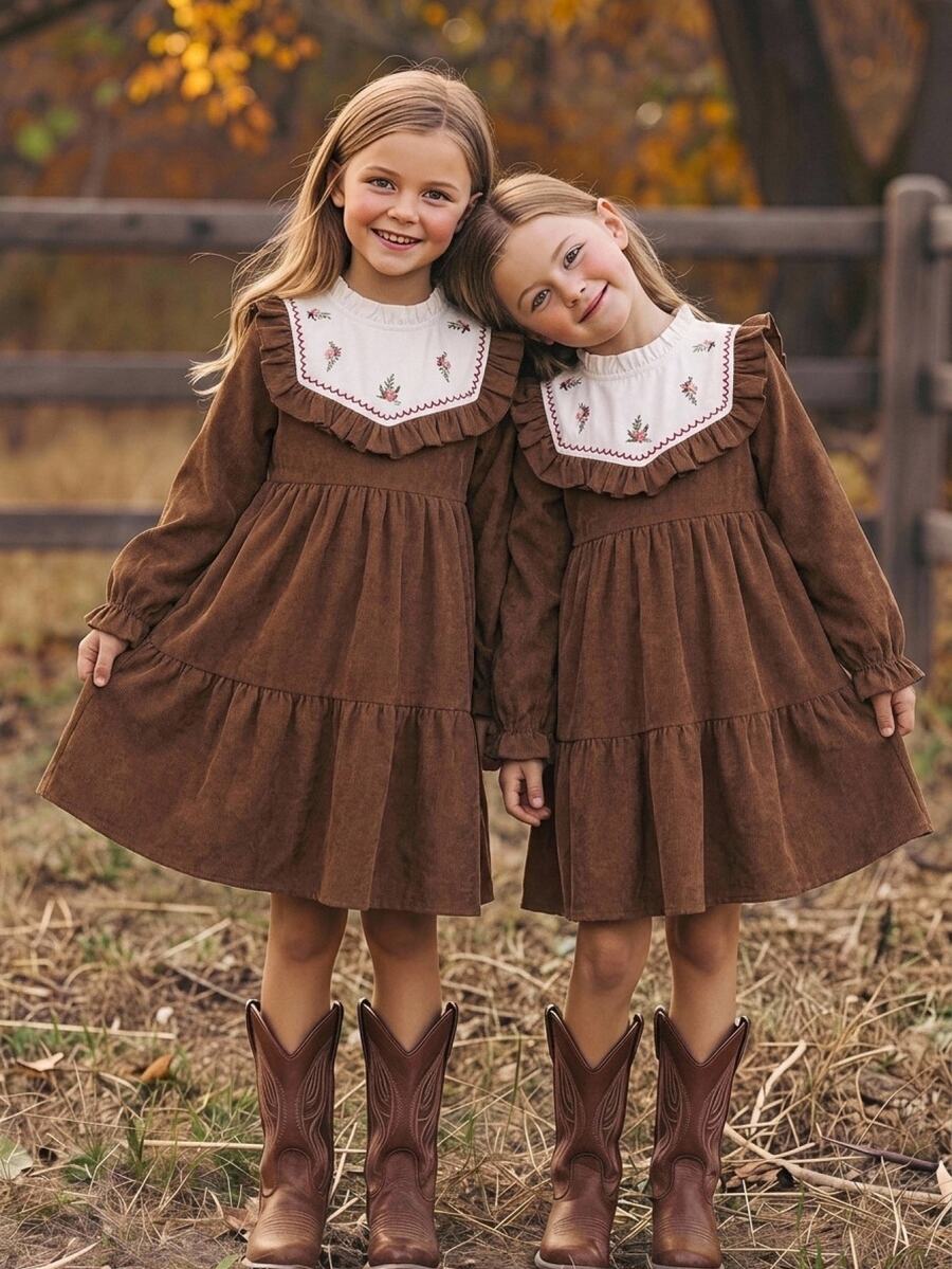 SHEIN Tween Girl Loose Casual Simple Comfortable Colorblock Dress Kids - Brown - View 1