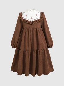 SHEIN 青少年女孩寬鬆休閒簡約舒適拼接配色洋裝童裝 - 棕色 - 查看 3