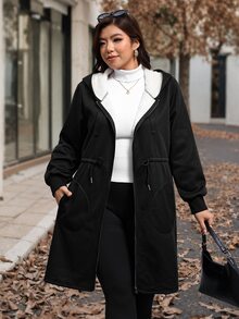 SHEIN Clasi 女款大尺碼寬鬆抽繩腰中長版保暖內裡夾克，黑色休閒工裝鬆身外套，適合秋季度假、外出、辦公與居家穿著 - 黑色 - 查看 5