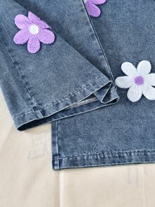 SHEIN Tween女孩可愛拼接V領長袖T恤刺繡牛仔褲套裝 冬季校園穿搭 親子款 白色紫色淺藍色 80年代風 - 彩色 - 查看 5