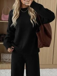 SHEIN Plus Size Women Black Solid Color Round Neck Long Sleeve Rib Knitted Sweater And Casual Stylish Básica Pant Vacation Home Wear Holiday - Black - View 5