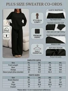 SHEIN Plus Size Women Black Solid Color Round Neck Long Sleeve Rib Knitted Sweater And Casual Stylish Básica Pant Vacation Home Wear Holiday - Black - View 4