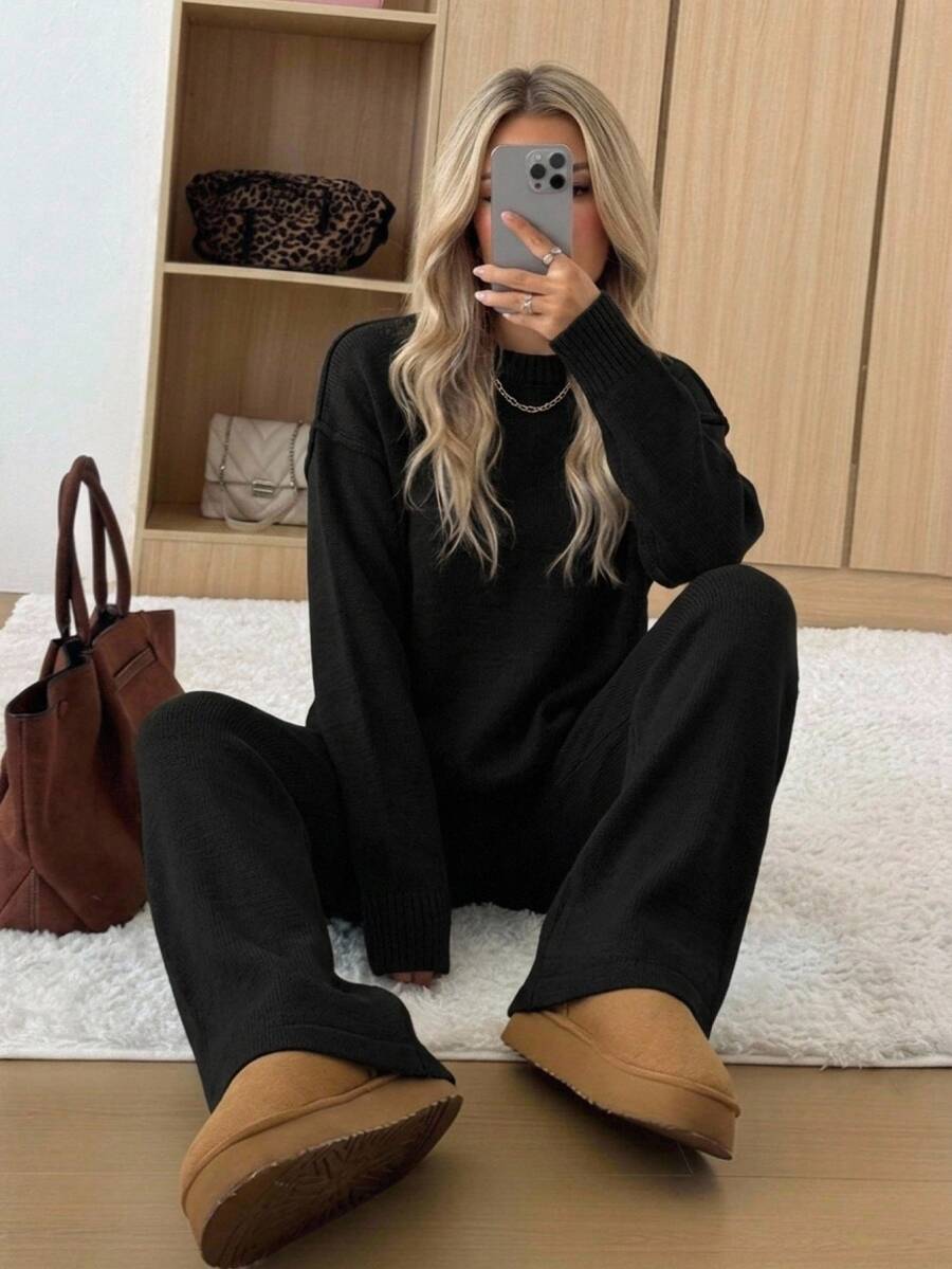 SHEIN Plus Size Women Black Solid Color Round Neck Long Sleeve Rib Knitted Sweater And Casual Stylish Básica Pant Vacation Home Wear Holiday