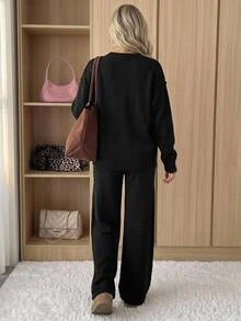 SHEIN Plus Size Women Black Solid Color Round Neck Long Sleeve Rib Knitted Sweater And Casual Stylish Básica Pant Vacation Home Wear Holiday - Black - View 3
