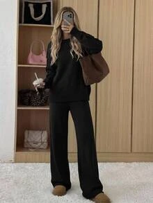 SHEIN Plus Size Women Black Solid Color Round Neck Long Sleeve Rib Knitted Sweater And Casual Stylish Básica Pant Vacation Home Wear Holiday - Black - View 6