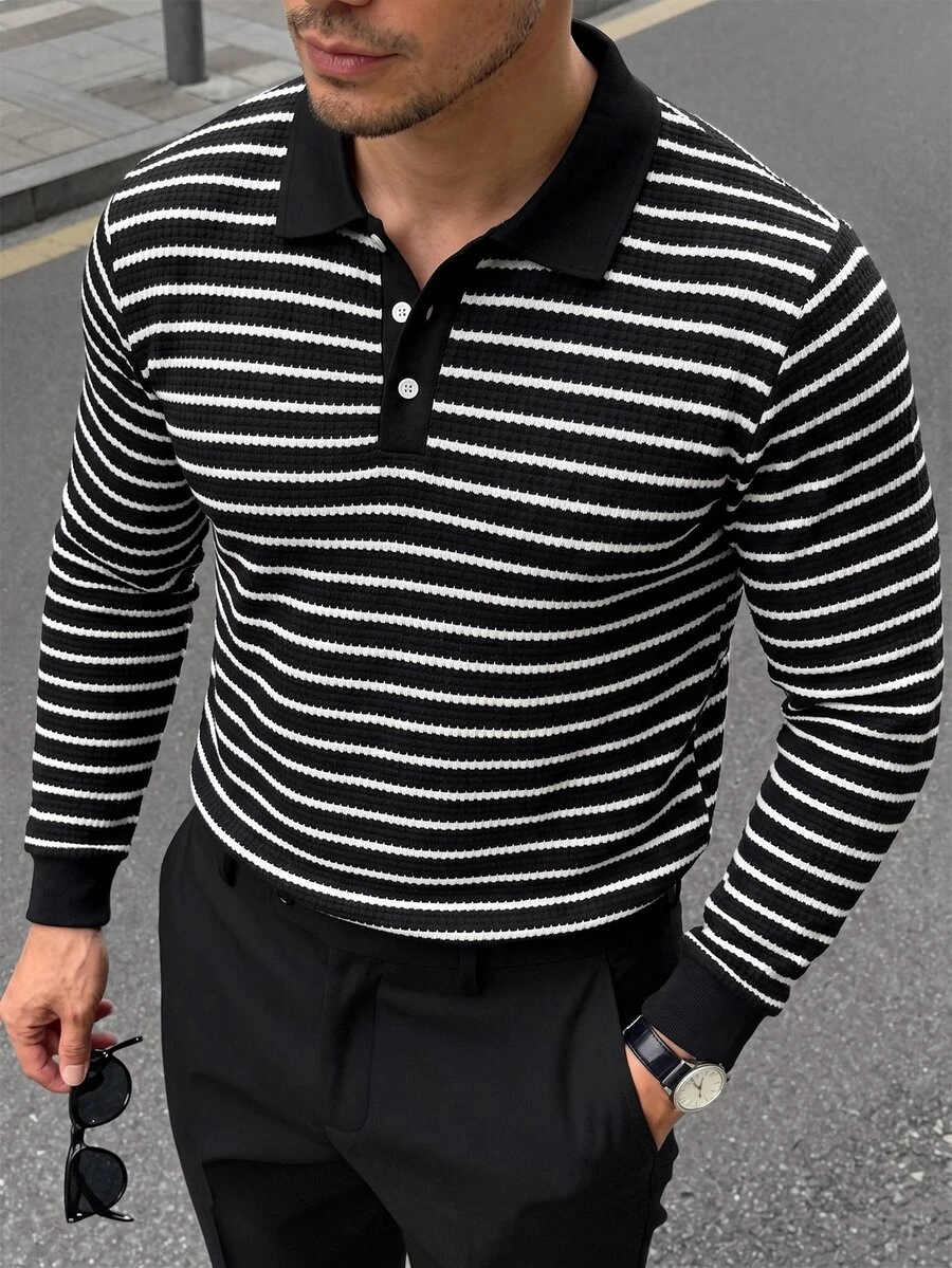 Manfinity CasualCool 男士黑白條紋 Polo 衫,復古幾何提花休閒上衣,長袖,適合度假、秋季、商務辦公工作、正式場合 - 黑與白 - 查看 1
