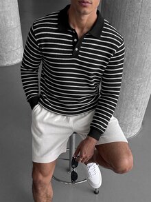 Manfinity CasualCool 男士黑白條紋 Polo 衫，復古幾何提花休閒上衣，長袖，適合度假、秋季、商務辦公工作、正式場合 - 黑與白 - 查看 7