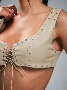 Denimoi Studded Lace Up Front Cropped Faux Leather Bralette Top Sexy Tops Concert Outfits Clubwear - Apricot - View 2