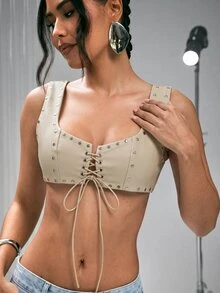 Denimoi Studded Lace Up Front Cropped Faux Leather Bralette Top Sexy Tops Concert Outfits Clubwear - Apricot - View 6