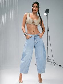 Denimoi Studded Lace Up Front Cropped Faux Leather Bralette Top Sexy Tops Concert Outfits Clubwear - Apricot - View 3