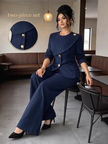 Elenzga Elegant Casual Fitted Commute & Streetwear Gold Button Decor Women Plus Size Blazer Suit Set - Navy Blue - View 1