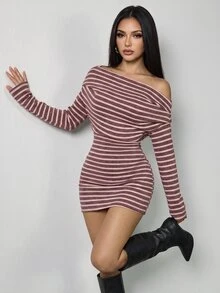 SHEIN PETITE Women's Mauve Purple Knitted Asymmetric Neck Long Sleeve Bodycon Dress Night Out Fall Sexy Casual - Multicolor - View 5