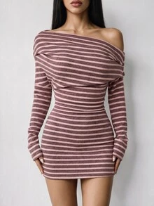 SHEIN PETITE Women's Mauve Purple Knitted Asymmetric Neck Long Sleeve Bodycon Dress Night Out Fall Sexy Casual - Multicolor - View 10