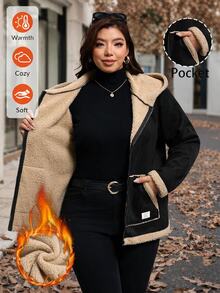 SHEIN Clasi 大尺碼休閒寬鬆修身牛仔口袋拉鍊人造毛連帽外套，適合外出、居家、度假、假期，黑色冬季款 - 黑色 - 查看 3