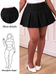 CurvyTilda Plus Size Women's Solid Color Pleated Casual Skirt - Black - View 4
