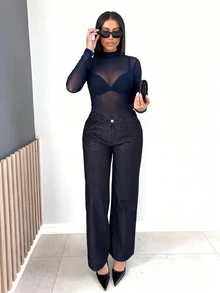 Shopreo Navy Blue Fitted Long Sleeve Top,Office Wear - Navy Blue - View 2