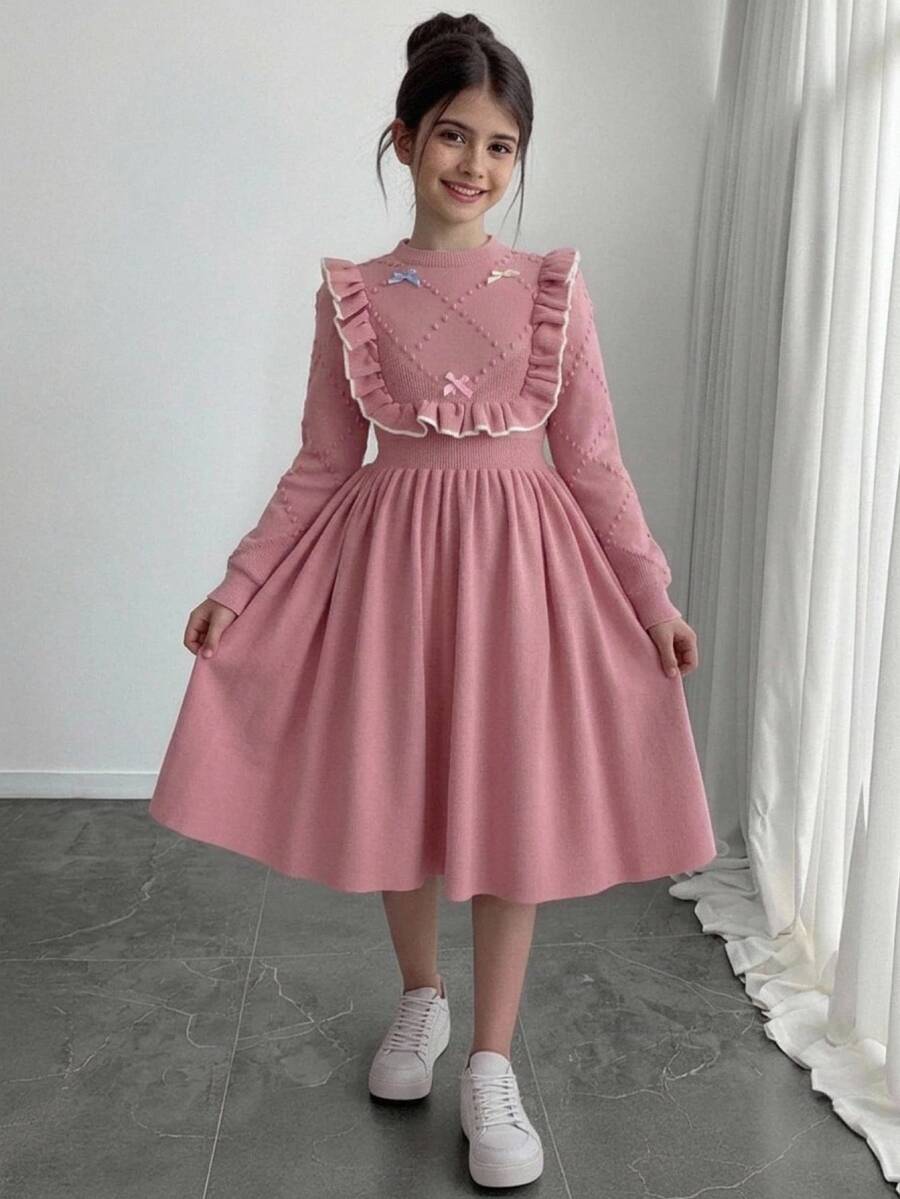 SHEIN Tween Girl Casual Sweet Ruffle Hem Mid-Length Dress, Autumn/Winter - Pink - View 1