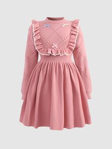 SHEIN Tween Girl Casual Sweet Ruffle Hem Mid-Length Dress, Autumn/Winter - Pink - View 5