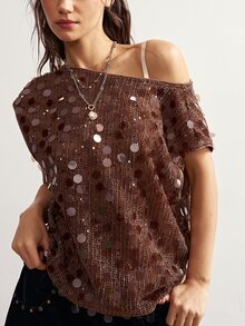 Bohemela Casual Knit Sequin Women's Top - Khaki - View 7