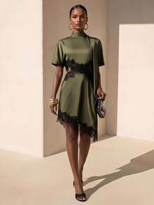 Zivah Summer Elegant Olive Green Dress,Mandarin Collar Ruffle Lace Satin Patchwork Cropped Waist Short Sleeve Boho Wedding Guest Bar Party Holiday Dress - Army Green - View 2
