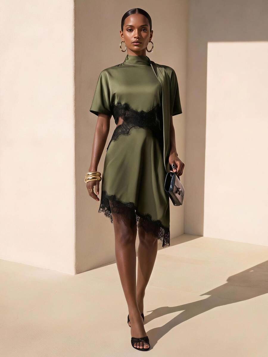 Zivah Summer Elegant Olive Green Dress,Mandarin Collar Ruffle Lace Satin Patchwork Cropped Waist Short Sleeve Boho Wedding Guest Bar Party Holiday Dress