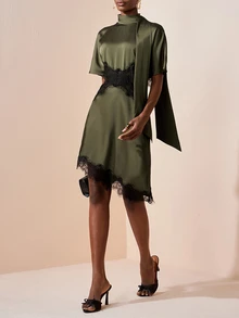 Zivah Summer Elegant Olive Green Dress,Mandarin Collar Ruffle Lace Satin Patchwork Cropped Waist Short Sleeve Boho Wedding Guest Bar Party Holiday Dress - Army Green - View 7