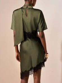 Zivah Summer Elegant Olive Green Dress,Mandarin Collar Ruffle Lace Satin Patchwork Cropped Waist Short Sleeve Boho Wedding Guest Bar Party Holiday Dress - Army Green - View 3