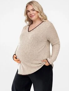 Plussiva 秋季大尺碼孕婦貝殼刺繡對比色長袖上衣 米色 拍照用 休閒 寬鬆居家服 派對穿搭 - 杏色 - 查看 10